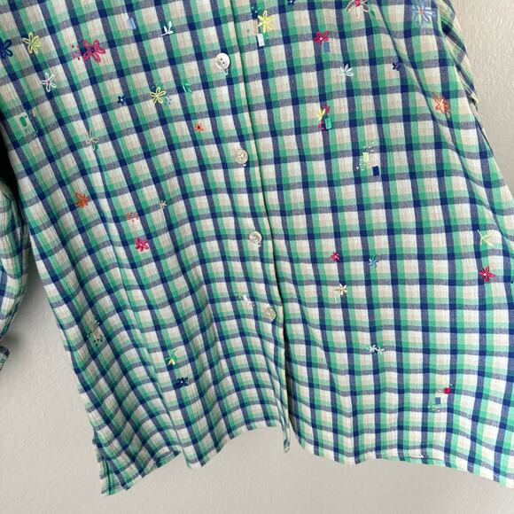 Vintage Koret Francisca Womens Green Plaid Shirt Embroidered Floral Size Medium - Picture 6 of 12